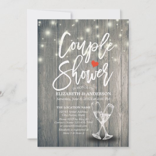 Couple Shower Champagne Glasses Wood String Lights Kaart (Voorkant)