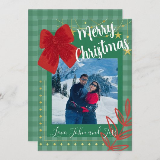 Couples Christmas Card With Plaid Background Kaart (Voorkant / Achterkant)