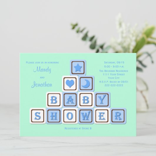 Couples Coed Baby shower Invitation for a Boy Kaart (Staand voorkant)