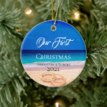 Couples First Christmas Name Date Tropical Beach Keramisch Ornament<br><div class="desc">Our first Christmas with couples name and date script ornament keepsake with white script on a tropical beach background. Just add names and date on the front and a happy new year printed on the reverse. Just pick your style.</div>