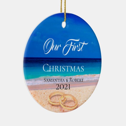 Couples First Christmas Name Date Tropical Beach Keramisch Ornament (Rechts)