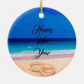 Couples First Christmas Name Date Tropical Beach Keramisch Ornament (Achterkant)