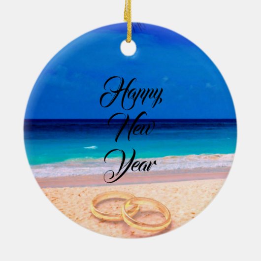 Couples First Christmas Name Date Tropical Beach Keramisch Ornament (Achterkant)