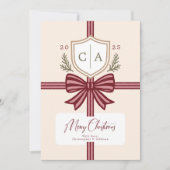 Couples Monogram Bow Rustic Non-Photo Holiday Card Feestdagenkaart (Voorkant)