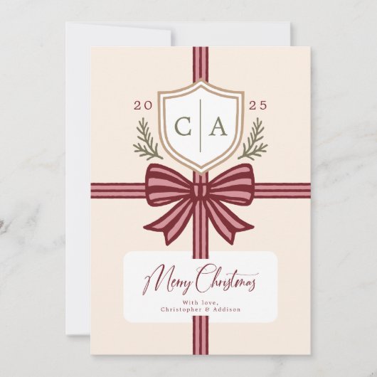 Couples Monogram Bow Rustic Non-Photo Holiday Card Feestdagenkaart (Voorkant)