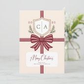 Couples Monogram Bow Rustic Non-Photo Holiday Card Feestdagenkaart (Staand voorkant)