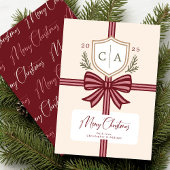 Couples Monogram Bow Rustic Non-Photo Holiday Card Feestdagenkaart
