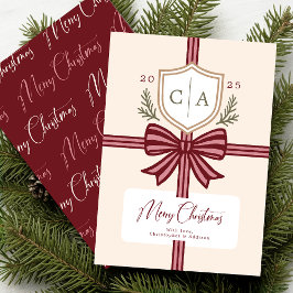 Couples Monogram Bow Rustic Non-Photo Holiday Card Feestdagenkaart