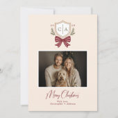 Couples Monogram Crest Bow Photo Christmas Card Feestdagenkaart (Voorkant)