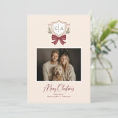 Couples Monogram Crest Bow Photo Christmas Card Feestdagenkaart (Staand voorkant)