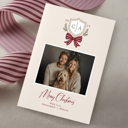 Couples Monogram Crest Bow Photo Christmas Card Feestdagenkaart