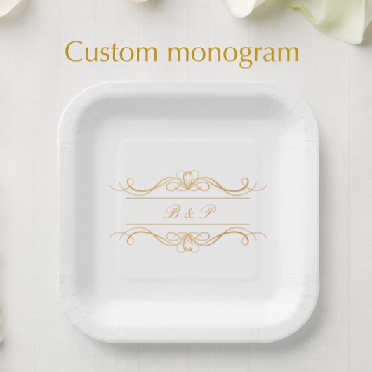 Couple's Monogram Elegant Gold Swirl Wedding Papieren Bordje