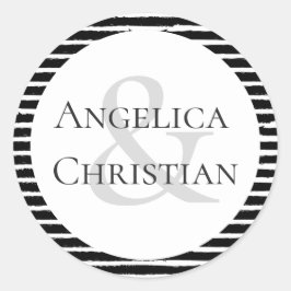Couples Name Modern Black White Stripe Ronde Sticker
