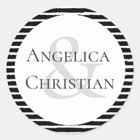 Couples Name Modern Black White Stripe Ronde Sticker (Voorkant)