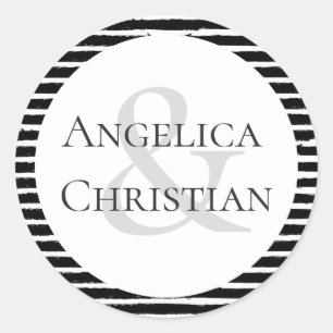 Couples Name Modern Black White Stripe Ronde Sticker