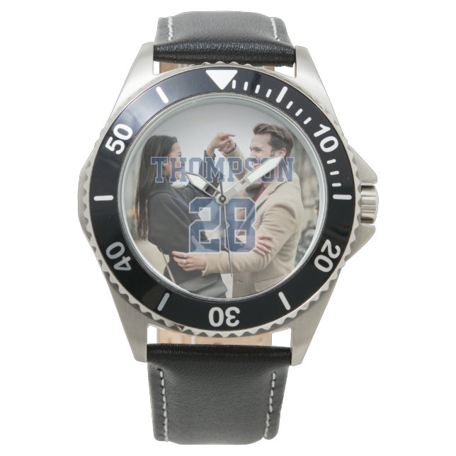 Couple's Photo with Transparent Jersey Name Number Horloge (Voorkant)