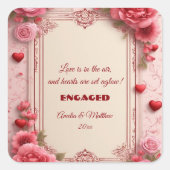 Couple's Romantic Pink Heart Motifs Floral Engaged Vierkante Sticker (Voorkant)
