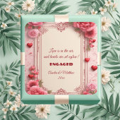 Couple's Romantic Pink Heart Motifs Floral Engaged Vierkante Sticker