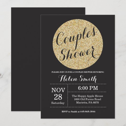 Couples Shower Black and Gold Glitter Invitation Kaart (Voorkant / Achterkant)