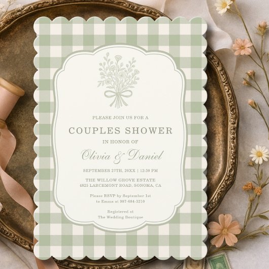 Couples Shower Gingham Sage Green Floral Bow  Kaart