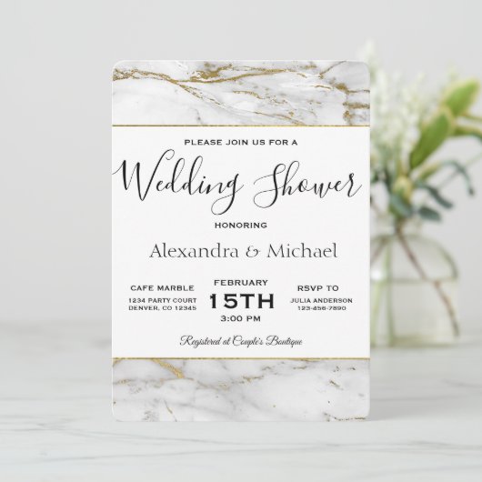 Couple's Shower White & Gold Marble Invitation Kaart (Staand voorkant)