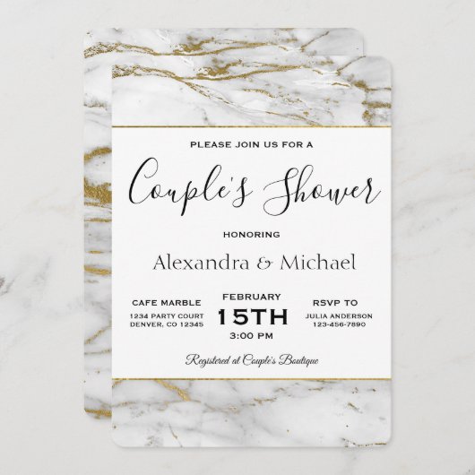 Couple's Shower White & Gold Marble Invitation Kaart (Voorkant / Achterkant)