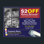 coupon voor Barber Winkelen en Salon Sjabloon Flyer<br><div class="desc">Blijf zichtbaar en voor de concurrentie door deze effectieve streepjesbakkersvliegers aan te passen, af te drukken en uit te geven aan iedereen die gebruik kan maken van uw barber- en salonservices. Show uw werk door de barber besnoeiingen/afbeeldingen met uw te vervangen. Deze flyer geeft een aanpasbare coupon weer die zeker...</div>