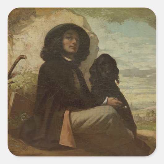 Courbet met zijn zwarte hond, 1842 vierkante sticker (Voorkant)