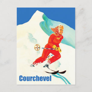 Courchevel, vrouw op skibaan, Frankrijk, Vintage Briefkaart