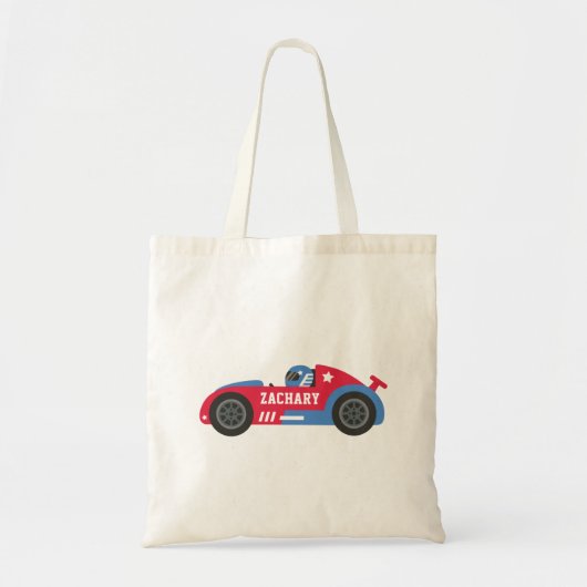 Coureur in rood blauw en wit raceauto kindernaam tote bag (Voorkant)