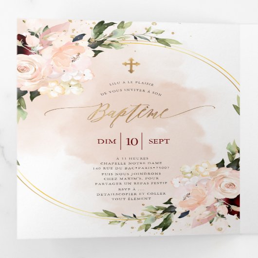 Couronne de Rozen Aquarelle, Bapteme Drieluik Uitnodiging (Binnenzijde eerst)