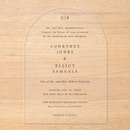 Courtney Monogram Elegante bruiloft Acryl Uitnodigingen (Voorkant)