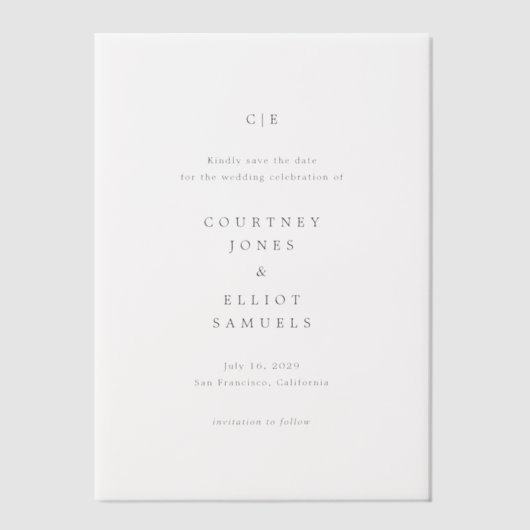 Courtney Monogram Elegante bruiloft Save the Date Vellum Uitnodigingen (Voorkant)