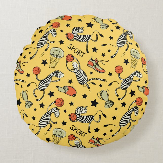 Courtside Doodles: Zebra Basketbal Fantasie Rond Kussen (Voorkant)
