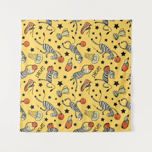 Courtside Doodles: Zebra Basketbal Fantasie Wandkleed (Voorkant (horizontaal))