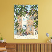 Courtyard in Haifa Israel Cityscape Collage Sketch Canvas Afdruk (Insitu (Woonkamer))