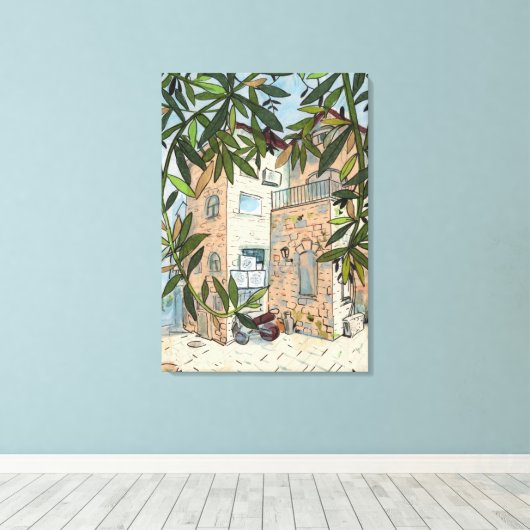 Courtyard in Haifa Israel Cityscape Collage Sketch Canvas Afdruk (Insitu (Houten vloer))