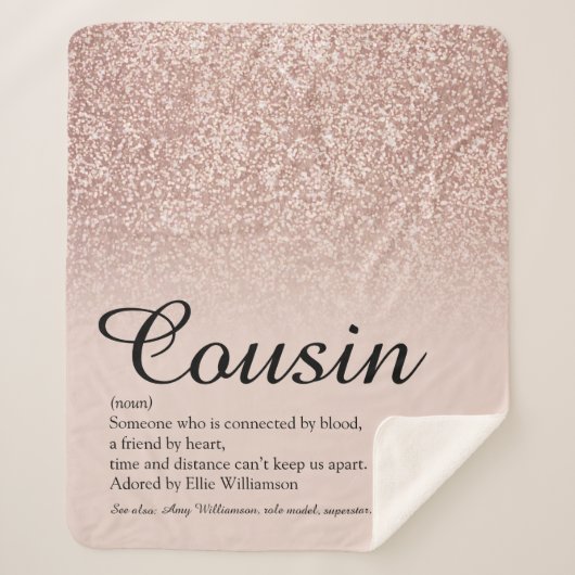 Cousin Definitie Script Roze Goud Glitters Sherpa Deken (Voorkant)