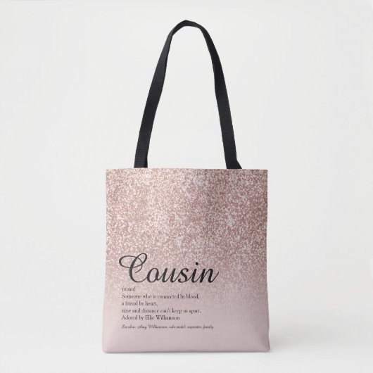 Cousin Definitie Script Roze Goud Glitters Tote Bag (Voorkant)