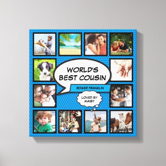 Cousin Fotocollage Blauw Stripboek Pret Canvas Afdruk (Voorkant)