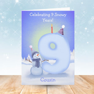 Cousin Happy 9e verjaardag Sneeuwman bouwen Kaart