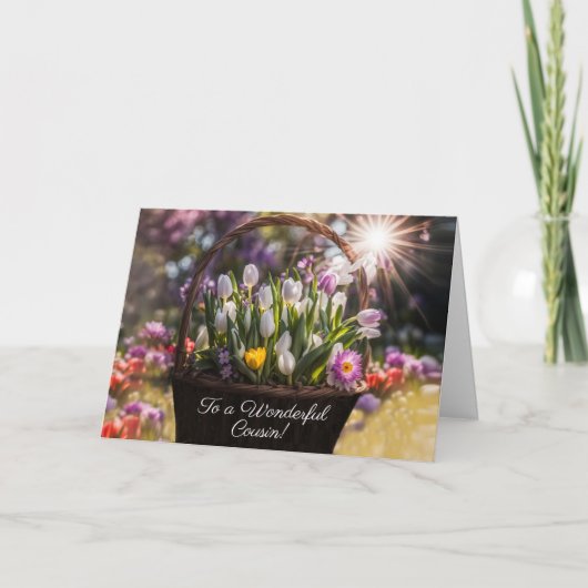 Cousin Happy Easter with Basket of Spring Bulbs  Kaart (Voorkant)