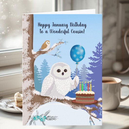Cousin Happy January Birthday Snowy Owl Kaart
