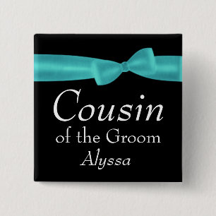 COUSIN of GROOM Aqua Bow Wedding Custom Name Y132 Vierkante Button 5,1 Cm