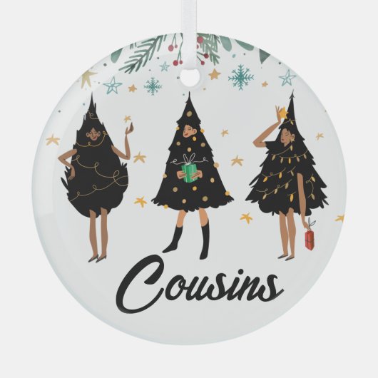 Cousins. Zwarte vrouwen, zwarte kerstboom, glas Glas Ornament (Voorkant)