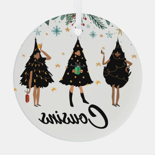 Cousins. Zwarte vrouwen, zwarte kerstboom, glas Glas Ornament (Achterkant)