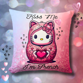 Coussin Kitty doll Kiss me I'm French pink glitter Kussen