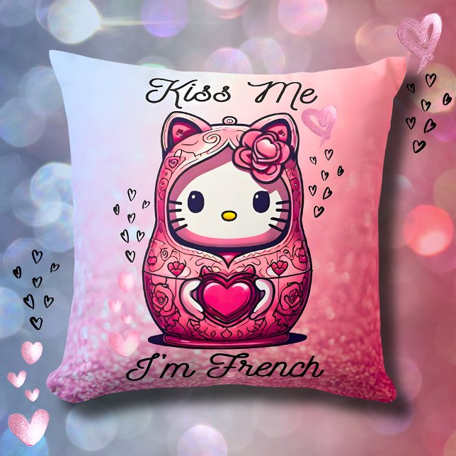 Coussin Kitty doll Kiss me I'm French pink glitter Kussen (FRONT - Coussin Kitty doll Kiss me I’m French pink glitter )