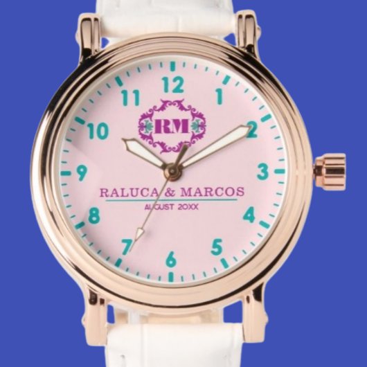 Coustom couple names elegant monogram pink horloge