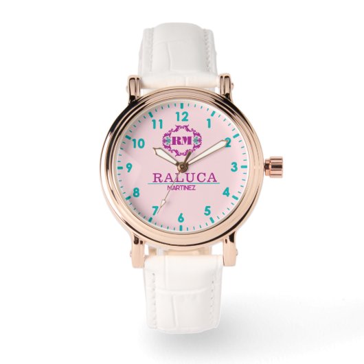 Coustom name elegant monogram pink horloge (Voorkant)